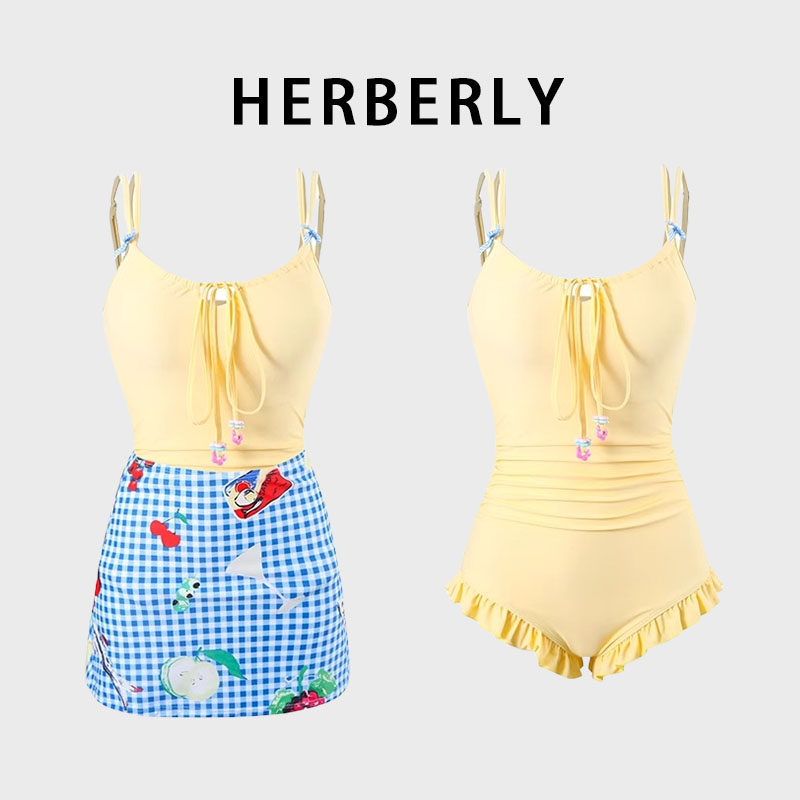 HERBERRY泳装高级保守显瘦少女日系比基尼泡温泉度假裙式连体泳衣