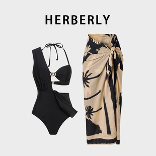 HERBERRY泳装欧美风高级纯欲性感比基尼温泉度假裙式连体泳衣裹裙