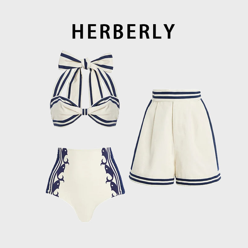 HERBERRY泳装高级气质挂脖高腰比基尼微胖海边泡温泉度假分体泳衣