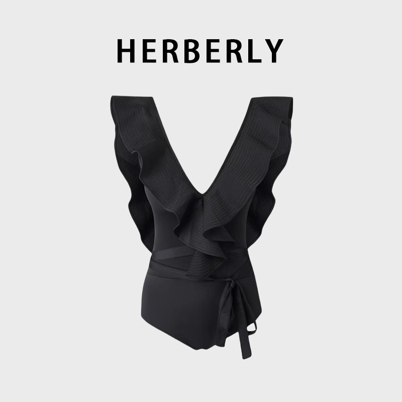 HERBERRY泳装女爆款黑色显瘦高级性感纯欲风裙式连体泳装露背泳衣
