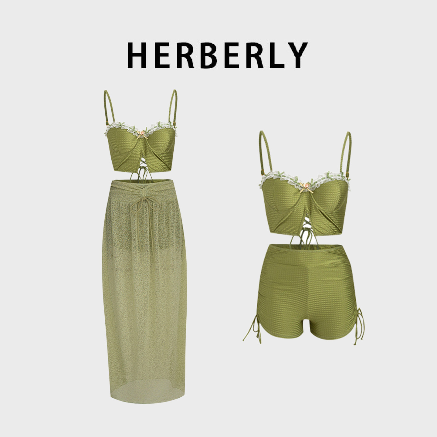 HERBERRY泳装纯欲钢托聚拢性感比基尼海边泡温泉度假裙式分体泳衣