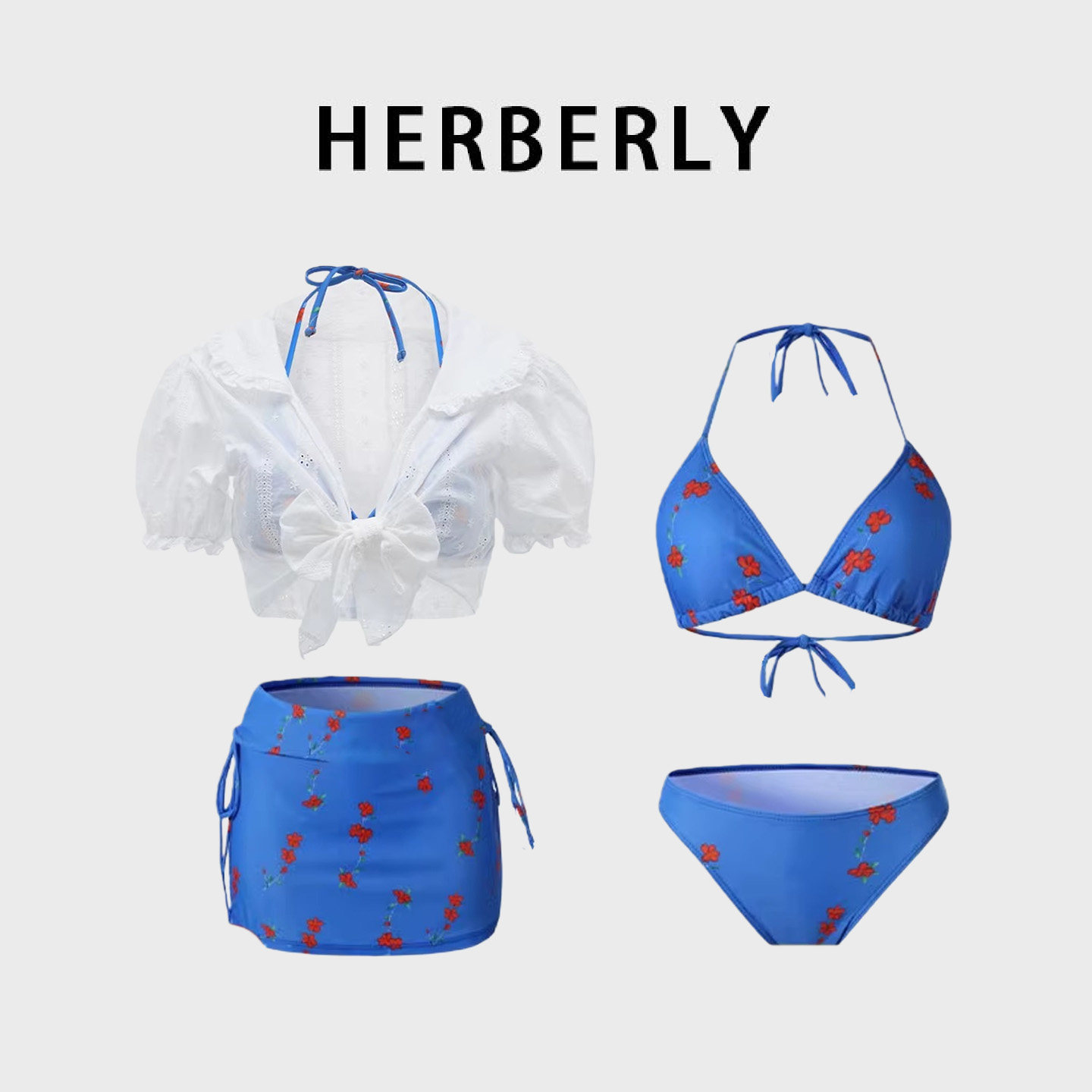 HERBERRY泳装高级感纯欲风绝美裙式分体泳衣女性感碎花防晒比基尼