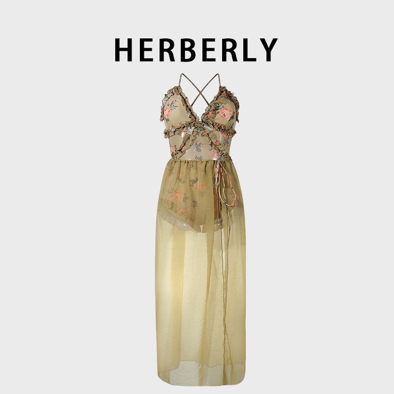 HERBERRY泳装女保守显瘦遮肚小胸聚拢吊带露背网纱裙式连体游泳衣