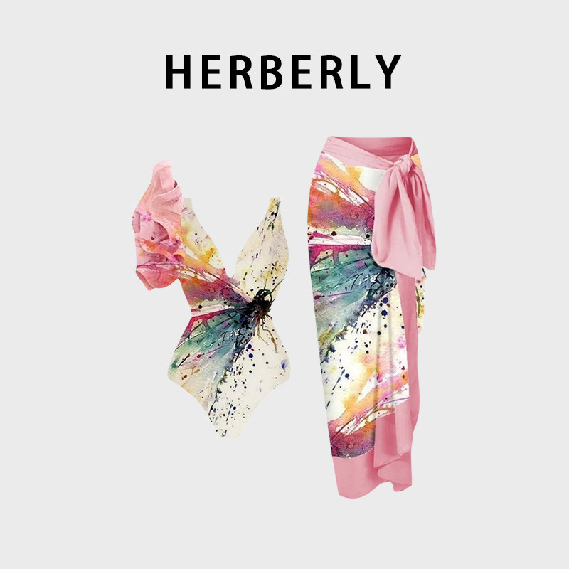 HERBERRY泳装女复古2025新款性感露背荷叶边度假泡温泉连体泳衣