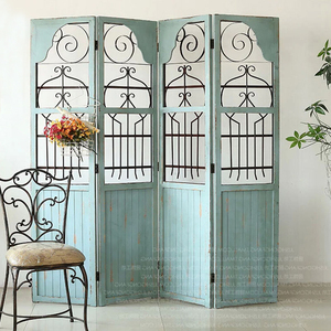 新款欧式复古做旧折叠实木铁艺屏风隔断入户玄关乡村隔断客厅咖啡