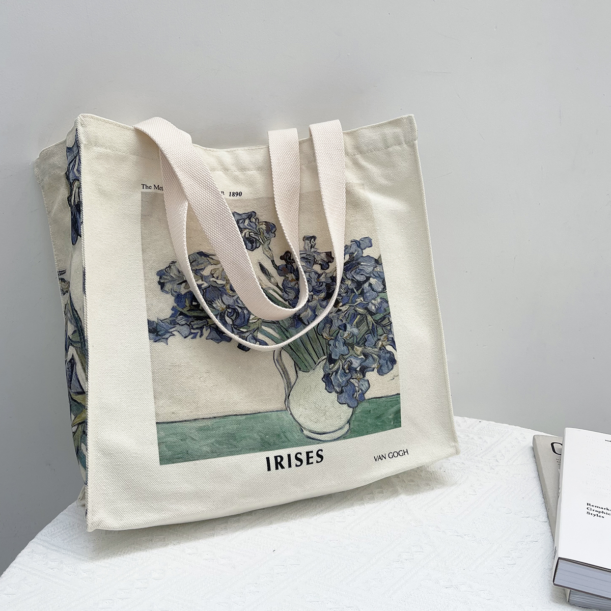 梵高鸢尾花复古单肩拉链帆布包