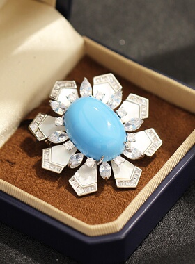 Vintage Turquoise Style Floral Cabochon Brooch Pearl Pin