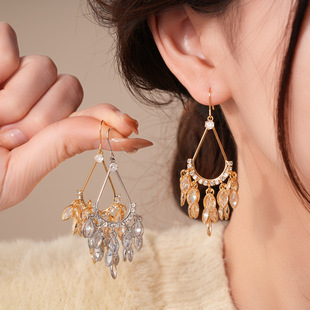 18K Gold Zircon Teardrop Tassel Hook Earrings, Silver Post