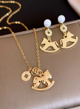 18K Gold Plated Red Horse Coin Pearl Stud & Necklace Set