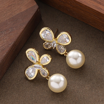 时尚简约仙女风锆石珍珠耳环银针