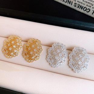 Oval Hollow Studs, Zircon Floral Minimalist Luxury Earrings