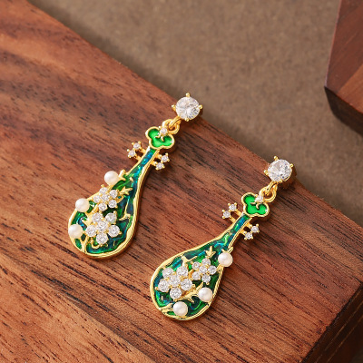 新中式珐琅滴油珍珠琵琶花朵耳钉