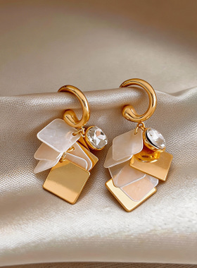 18K Gold Shell Earrings, Zircon Diamond Fringe Studs
