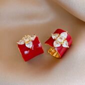 Gold Flower Red 18K Enamel Crystal Stud Earrings