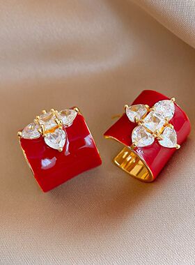 18K Gold Red Enamel Crystal Flower Stud Earrings