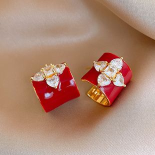 18K Gold Red Enamel Crystal Flower Stud Earrings