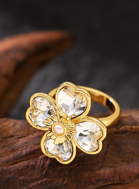 锆石四叶草花朵珍珠戒指