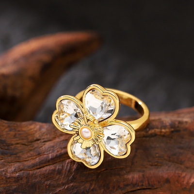 锆石四叶草花朵珍珠戒指