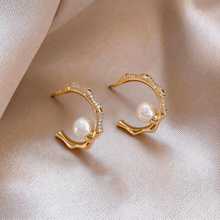 Earrings Hoop Studs Pearl Pleated Zircon Sparkling