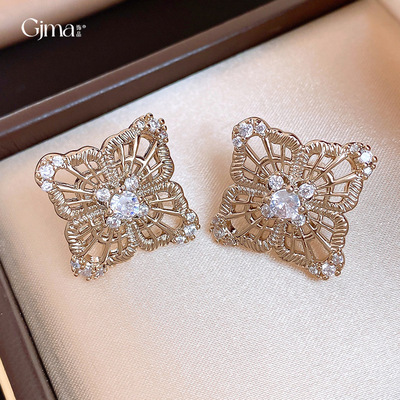 欧美复古菱形锆石花朵镂空耳环