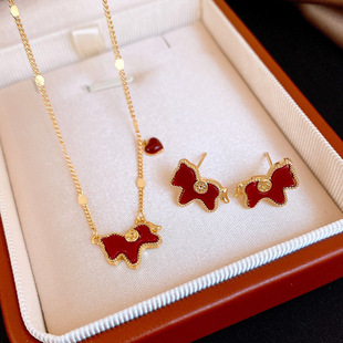 18K Gold Red Set, Horse Heart Pendant & Studs Necklace