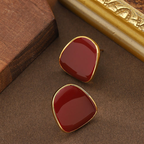 港风喜庆酒红色滴釉几何耳钉银针