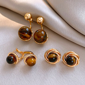 Gold Vintage Tiger Studs 18K Marbled Eye Brown Earrings