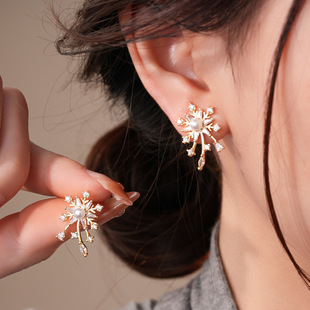 Zircon Firework Pearl Stud Earrings, Chic Silver Post