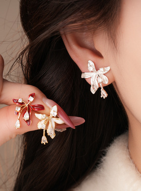 18K Gold Enamel Earrings, Zircon Floral Minimalist Studs