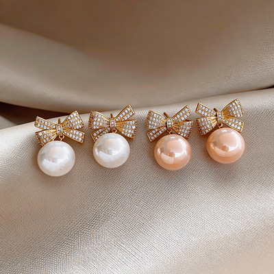 复古风锆石蝴蝶结珍珠耳环
