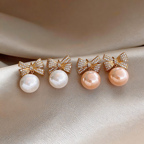 复古风锆石蝴蝶结珍珠耳环