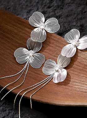 Korean 3D Floral Earrings, Long Fringe Fairy Slimming Studs