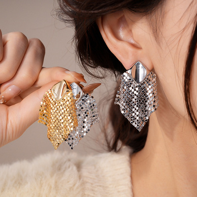 金属菱形流苏吊坠耳钉