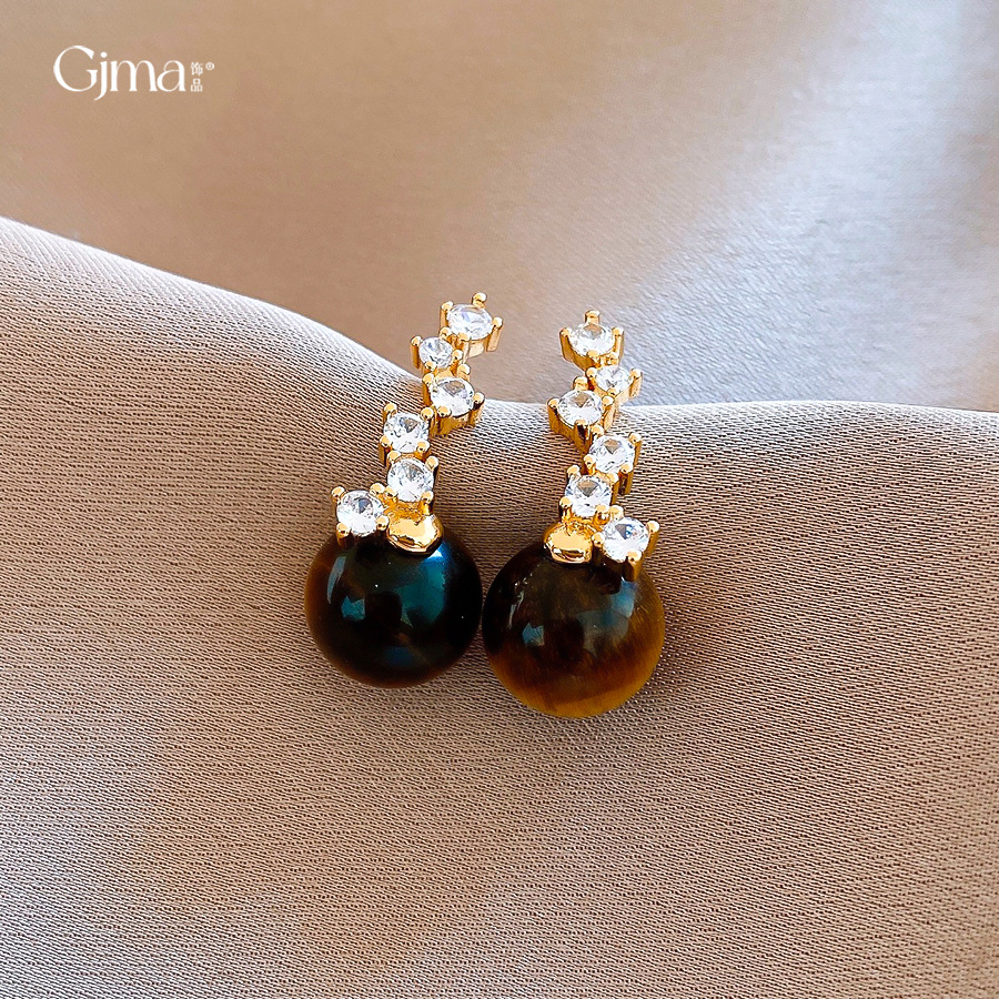 18k真金电镀锆石几何虎眼石耳环