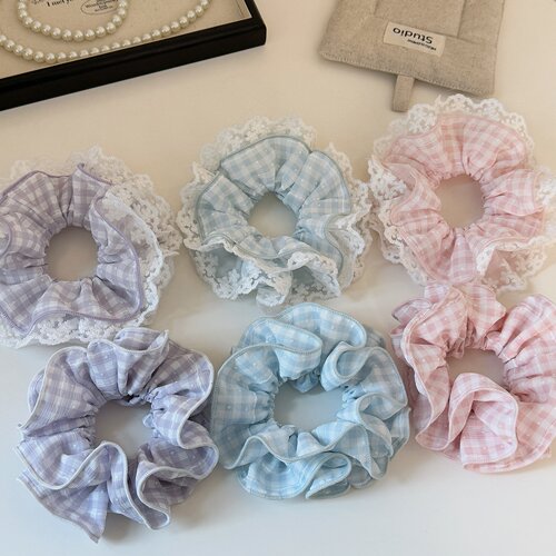 韩版小清新格纹蕾丝大肠发圈