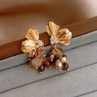 Malard CZ Flower Tiger Eye Tassel Earrings Chic Luxury Studs