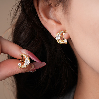 18k真金电镀锆石月亮耳夹无耳洞