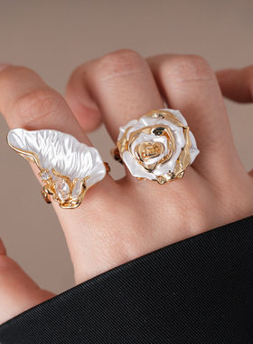 欧美夸张滴油花朵不规则开口戒指
