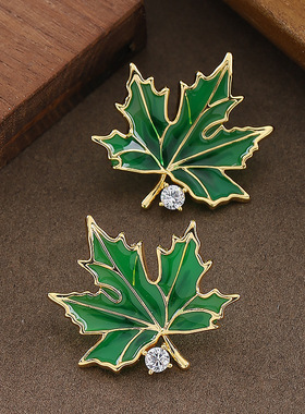 Maple Leaf Studs, Enamel Diamond Minimalist Earrings