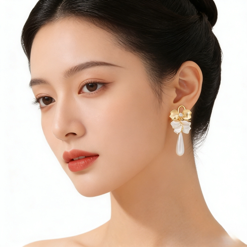 金属花瓣水滴珍珠耳坠耳环
