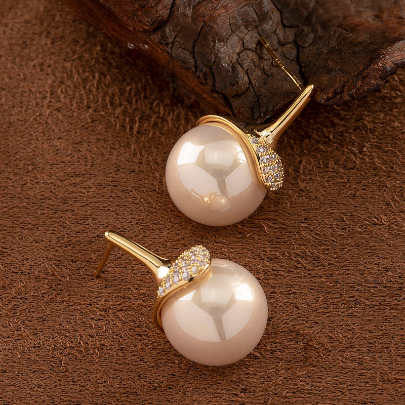 法式正圆施家高亮珍珠耳钉赫本风