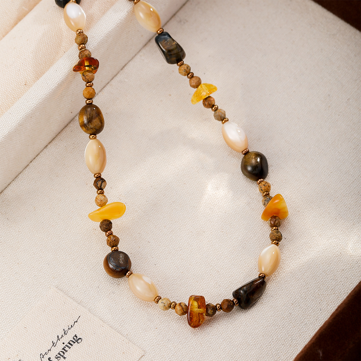 美拉德风自然石串珠长项链毛衣链