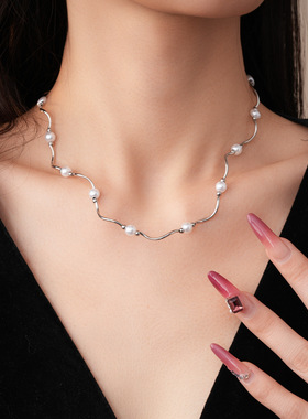 法式复古不规则线条珍珠项链