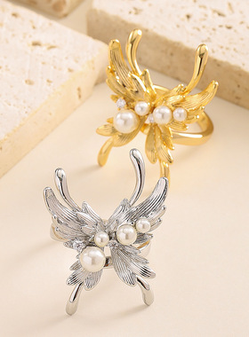 镶珍珠立体蝴蝶可调节开口戒指