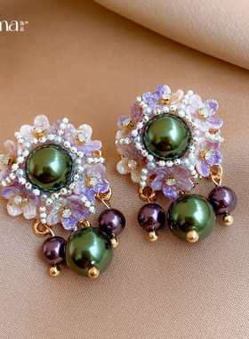 Royal Resin Earrings, Floral Pearl Fringe Vintage Studs