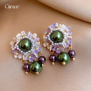 Floral Earrings Pearl Fringe Studs Royal Vintage Resin