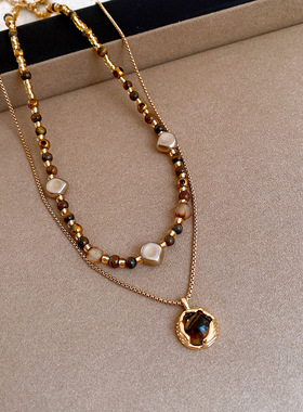 虎眼石玻璃串珠双层项链毛衣链