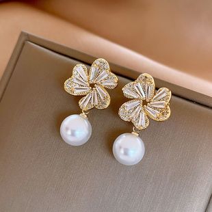 14K Gold Crystal Flower Pearl Stud Earrings, Silver Post