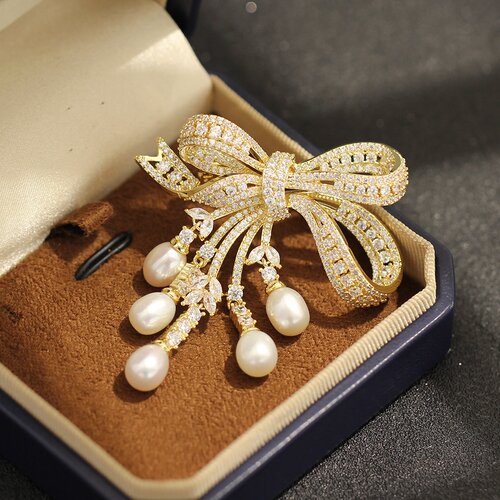 天然淡水珍珠流苏蝴蝶结胸针