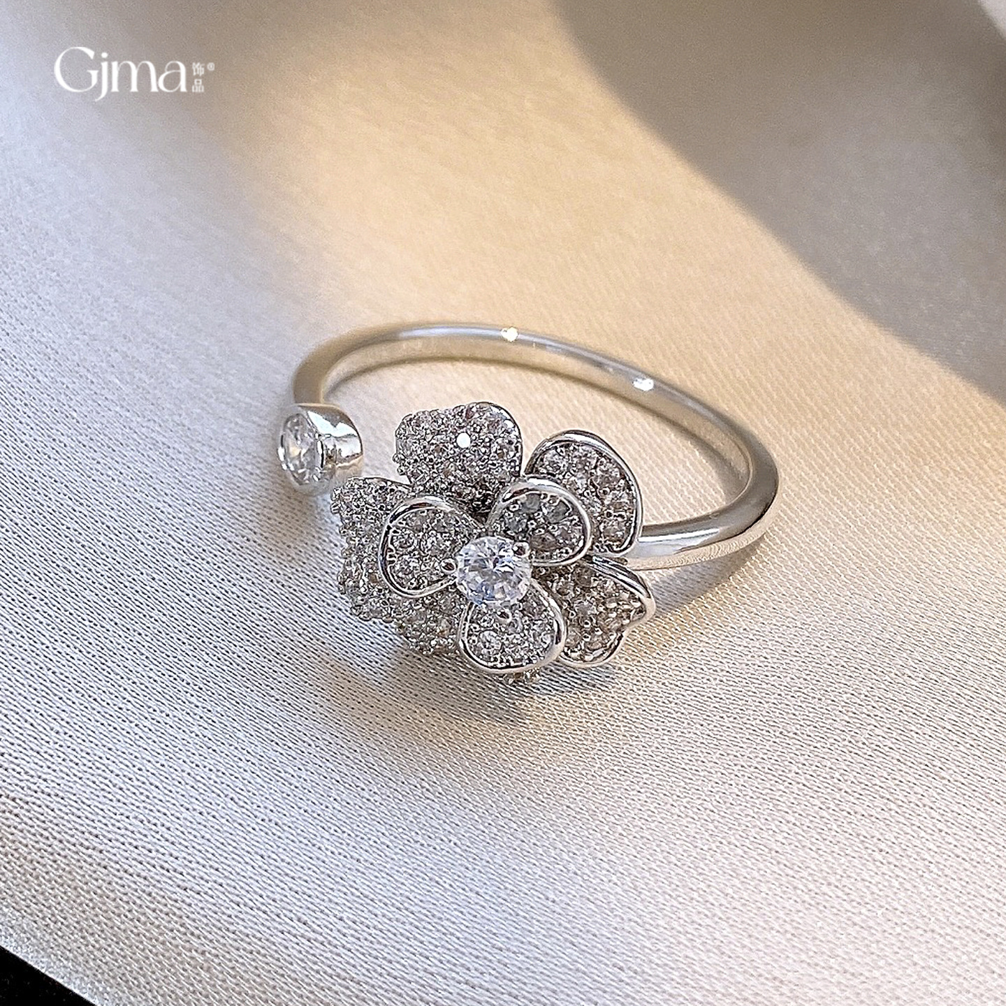 法式精致锆石花朵开口戒指小众